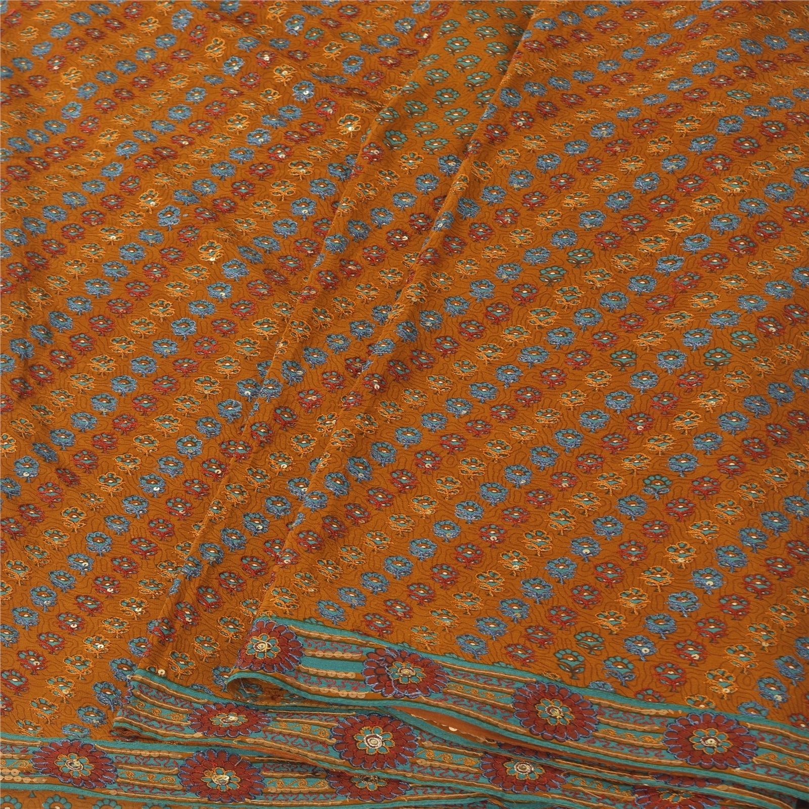 Sanskriti Vintage Yellow Sarees Pure Crepe Hand Embroidery Sari 6yd Craft Sustainable Fabric