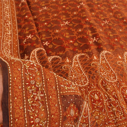 Sanskriti Vintage Brown Sarees Pure Silk Hand Beaded Premium Sari Craft Sustainable Fabric