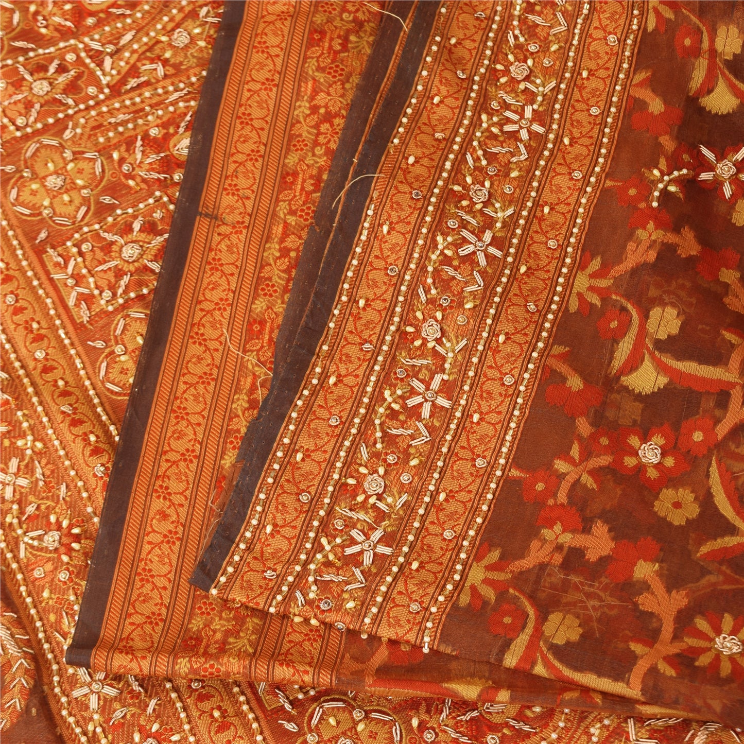 Sanskriti Vintage Brown Sarees Pure Silk Hand Beaded Premium Sari Craft Sustainable Fabric