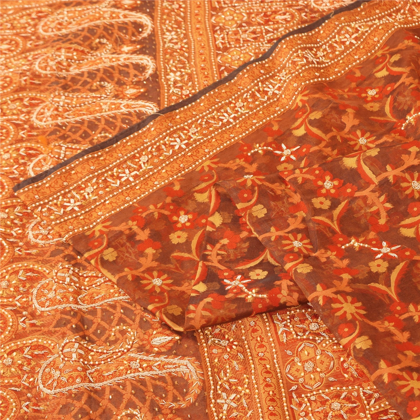 Sanskriti Vintage Brown Sarees Pure Silk Hand Beaded Premium Sari Craft Sustainable Fabric