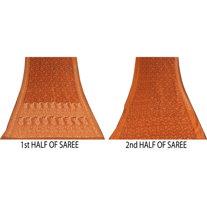 Sanskriti Vintage Brown Sarees Pure Silk Hand Beaded Premium Sari Craft Sustainable Fabric