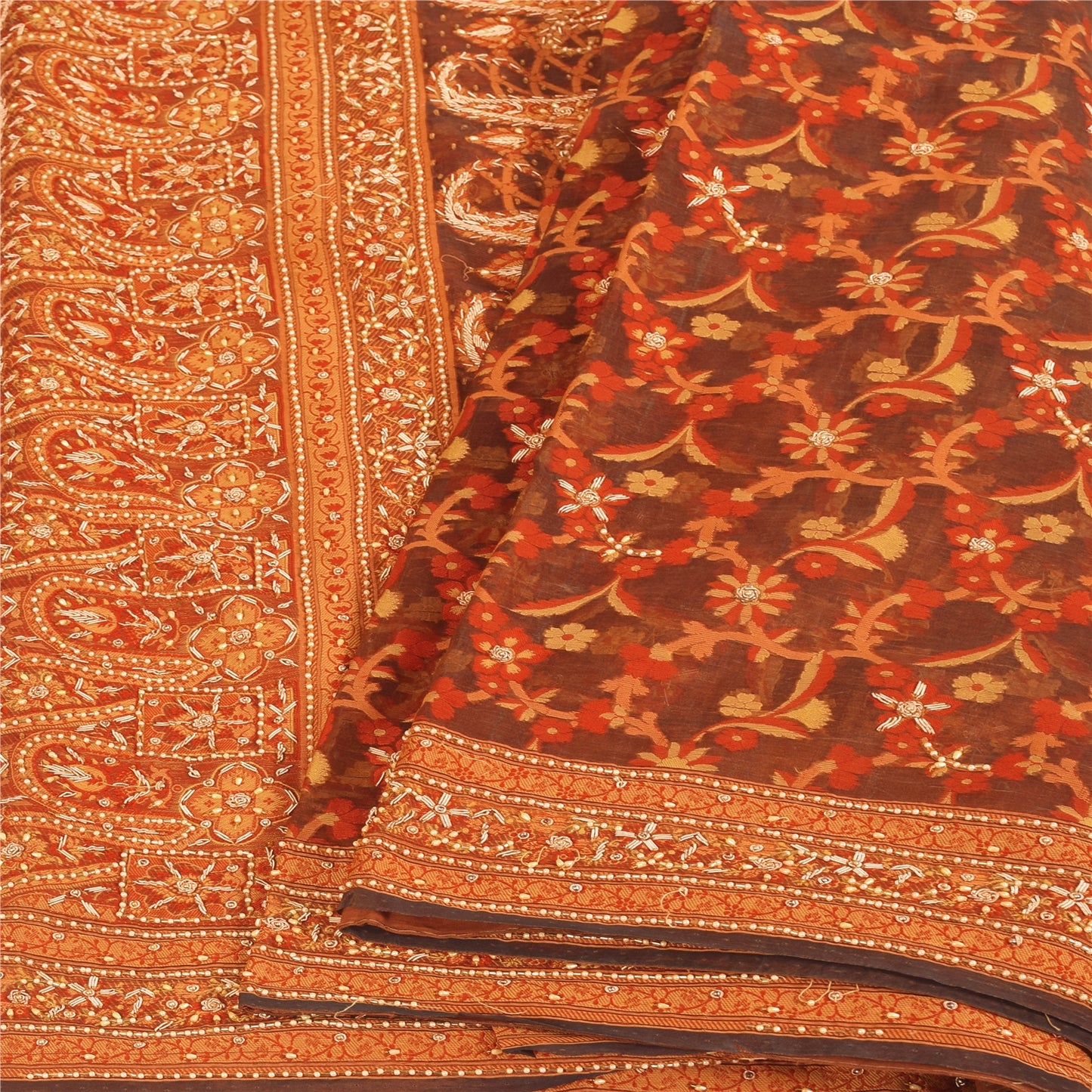 Sanskriti Vintage Brown Sarees Pure Silk Hand Beaded Premium Sari Craft Sustainable Fabric