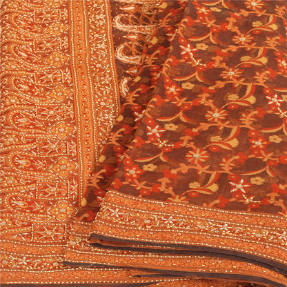 Sanskriti Vintage Brown Sarees Pure Silk Hand Beaded Premium Sari Craft Sustainable Fabric