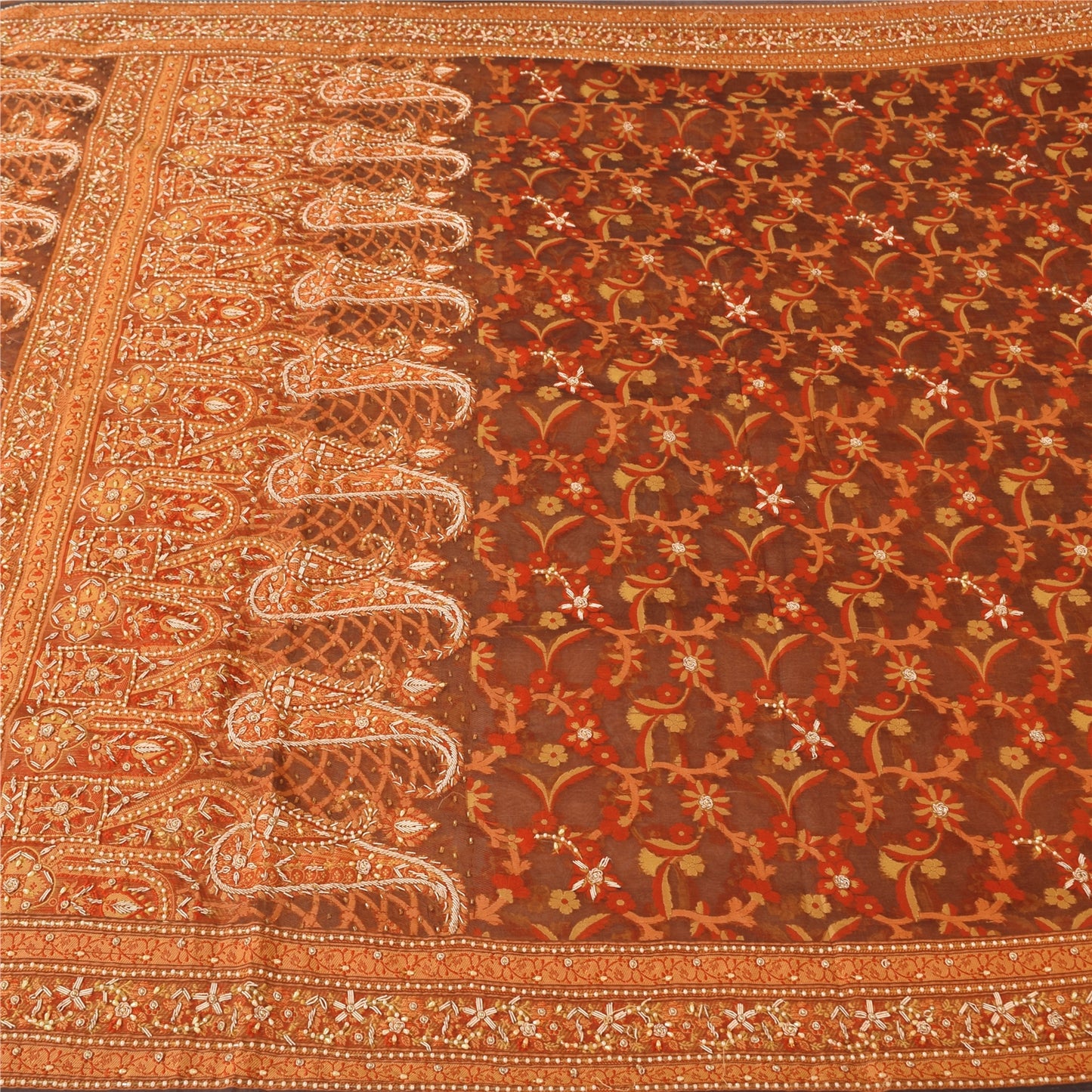 Sanskriti Vintage Brown Sarees Pure Silk Hand Beaded Premium Sari Craft Sustainable Fabric