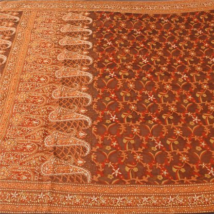 Sanskriti Vintage Brown Sarees Pure Silk Hand Beaded Premium Sari Craft Sustainable Fabric