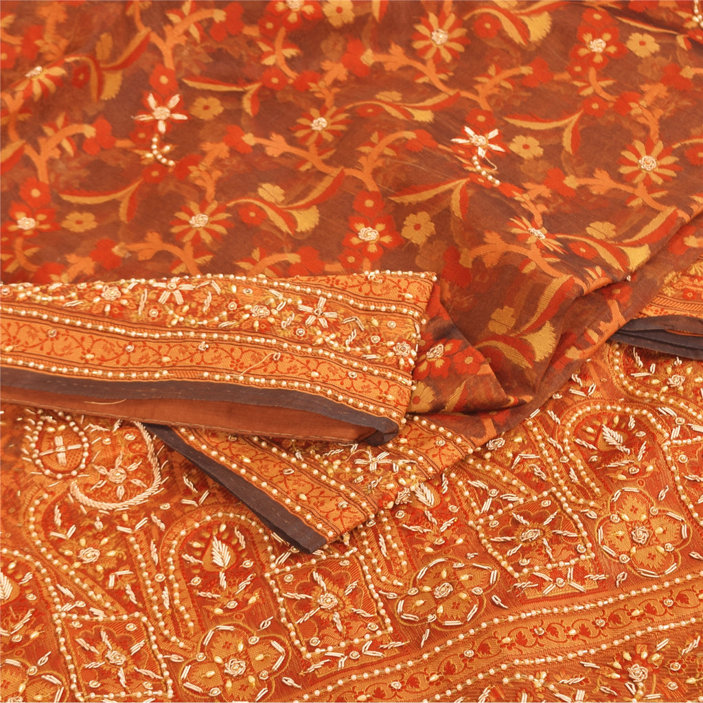 Sanskriti Vintage Brown Sarees Pure Silk Hand Beaded Premium Sari Craft Sustainable Fabric