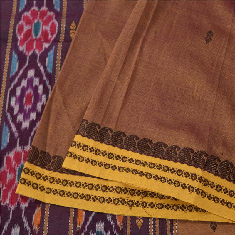 Sanskriti Vintage Brown Sarees Pure Cotton Woven Ikat Sari Premium Craft Sustainable Fabric