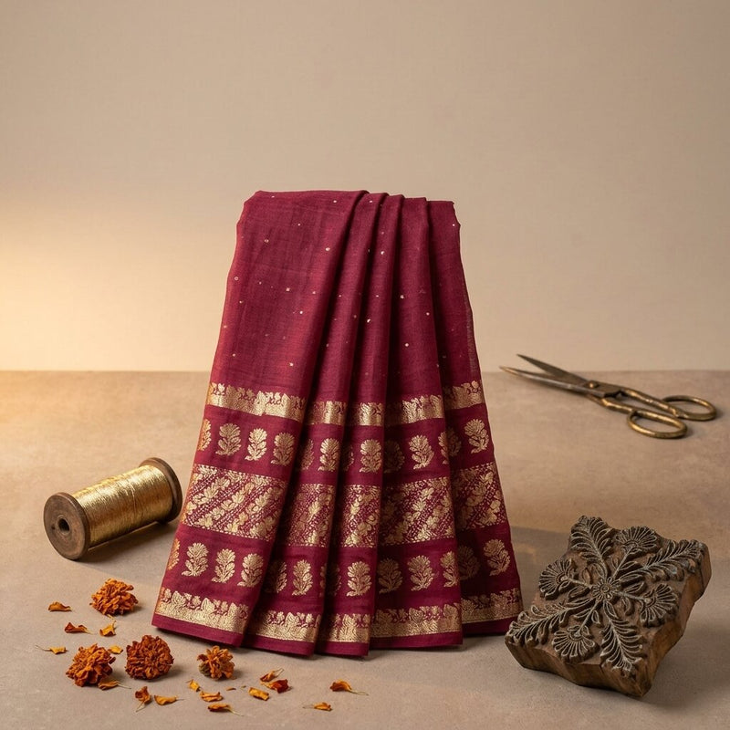 Sanskriti Vintage Saree Maroon Pure Cotton Silk Maheshwari Zari WovenFabric Sari