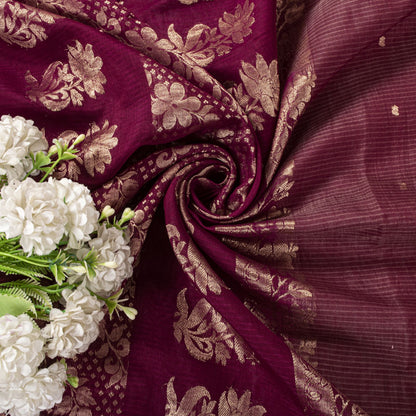 Sanskriti Vintage Saree Maroon Pure Cotton Silk Maheshwari Zari WovenFabric Sari