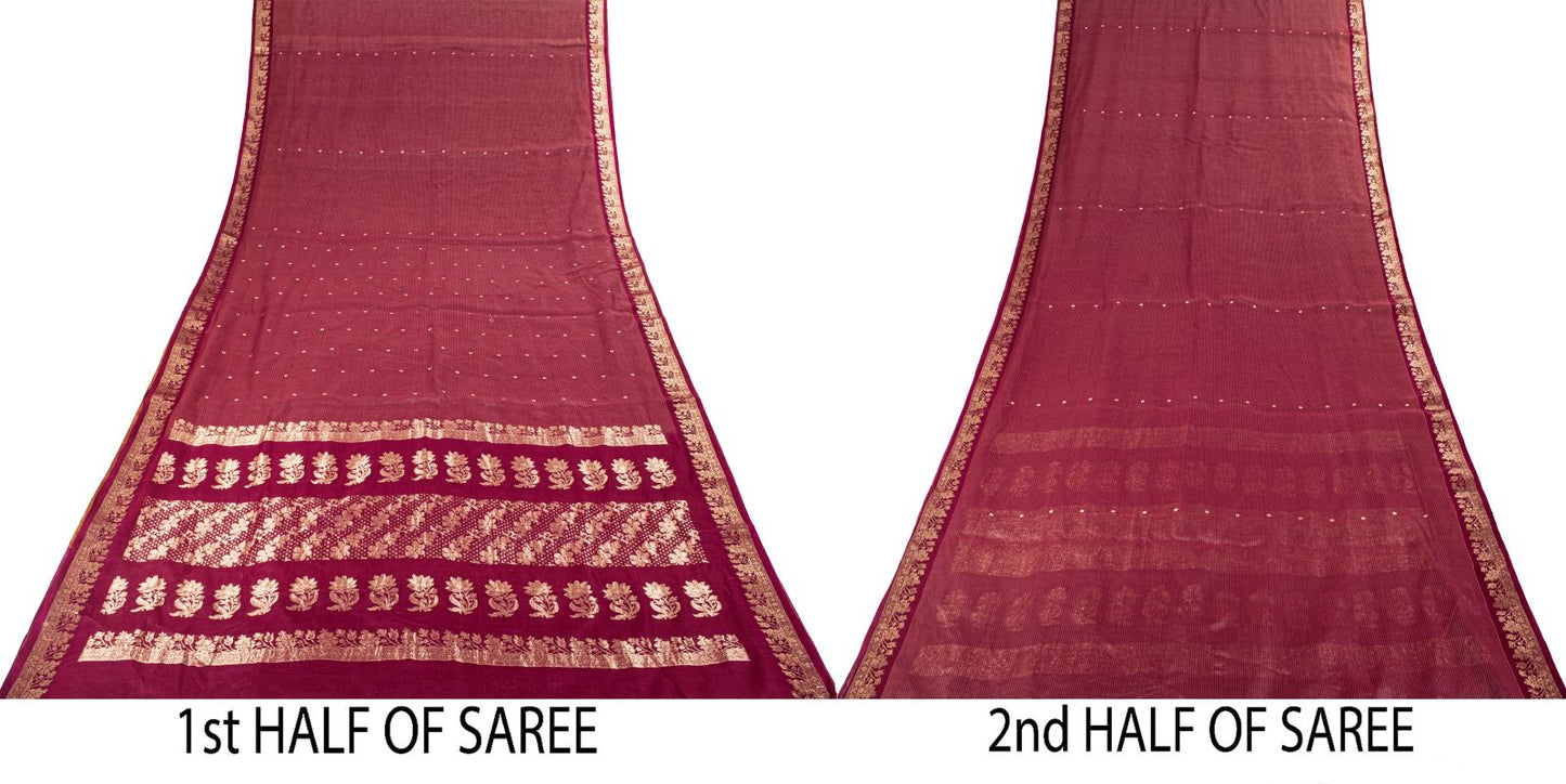 Sanskriti Vintage Saree Maroon Pure Cotton Silk Maheshwari Zari WovenFabric Sari