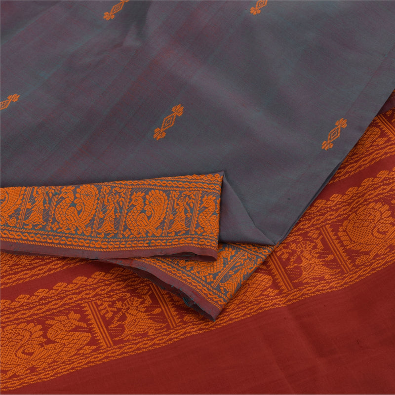 Sanskriti Vintage Sarees Blue Hand Woven Baluchari Blend CottonSari Craft Fabric