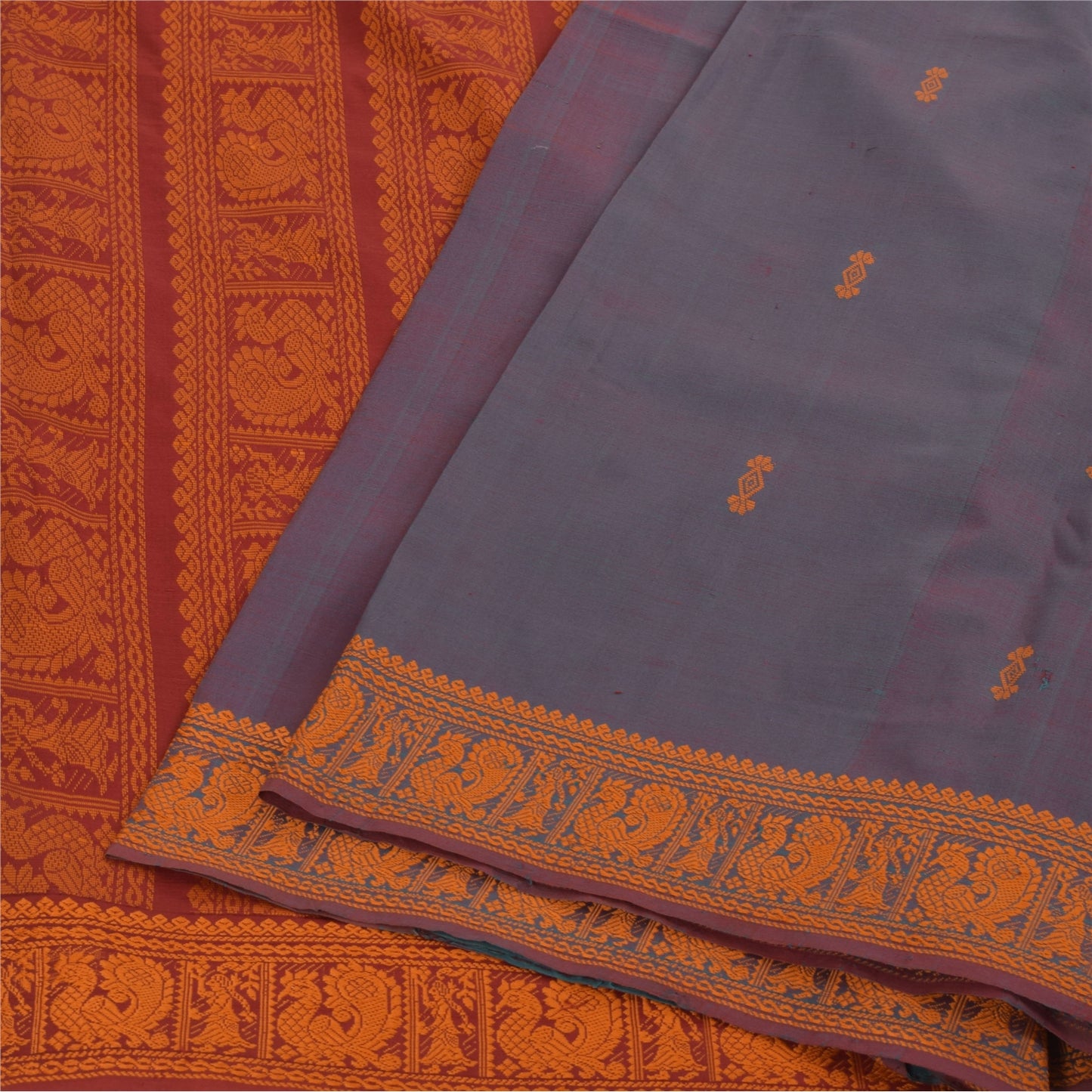 Sanskriti Vintage Sarees Blue Hand Woven Baluchari Blend CottonSari Craft Fabric
