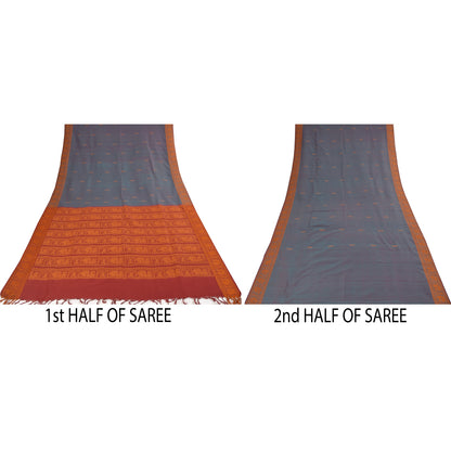 Sanskriti Vintage Sarees Blue Hand Woven Baluchari Blend CottonSari Craft Fabric