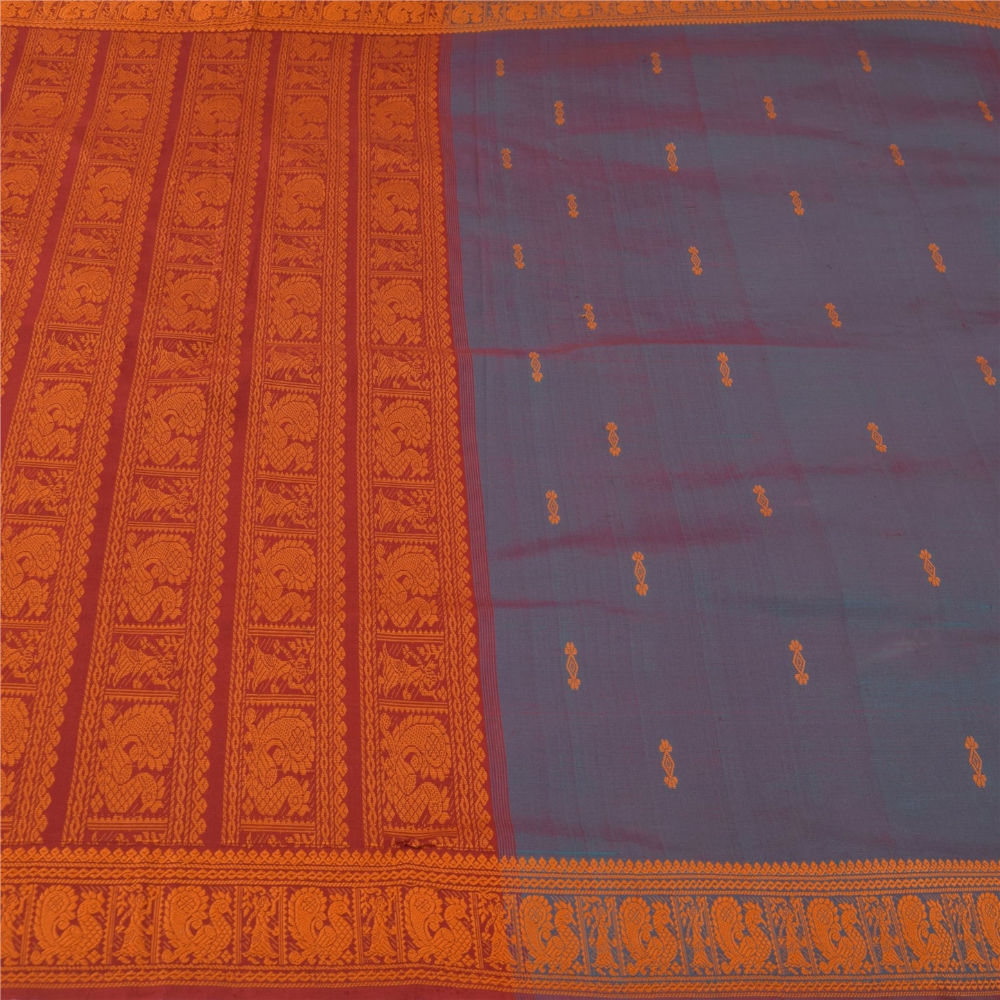 Sanskriti Vintage Sarees Blue Hand Woven Baluchari Blend CottonSari Craft Fabric