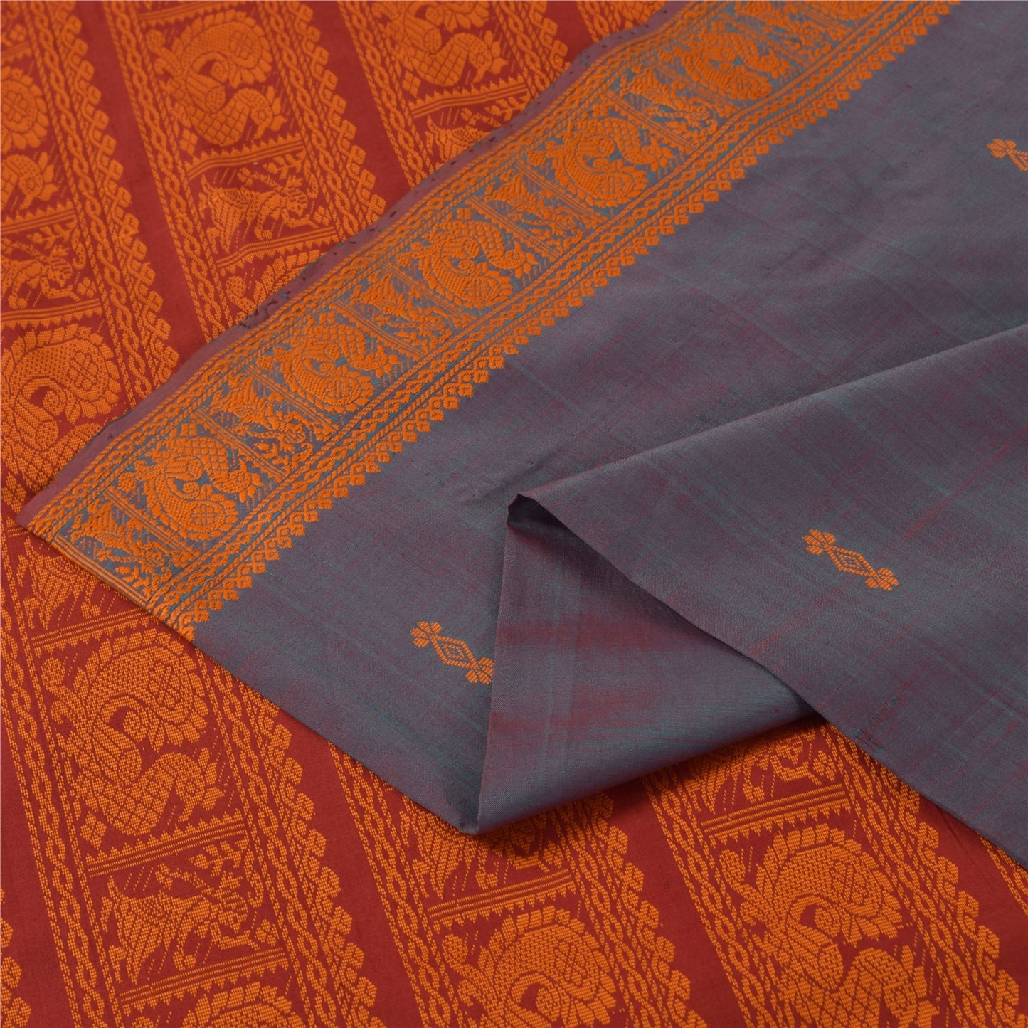 Sanskriti Vintage Sarees Blue Hand Woven Baluchari Blend CottonSari Craft Fabric