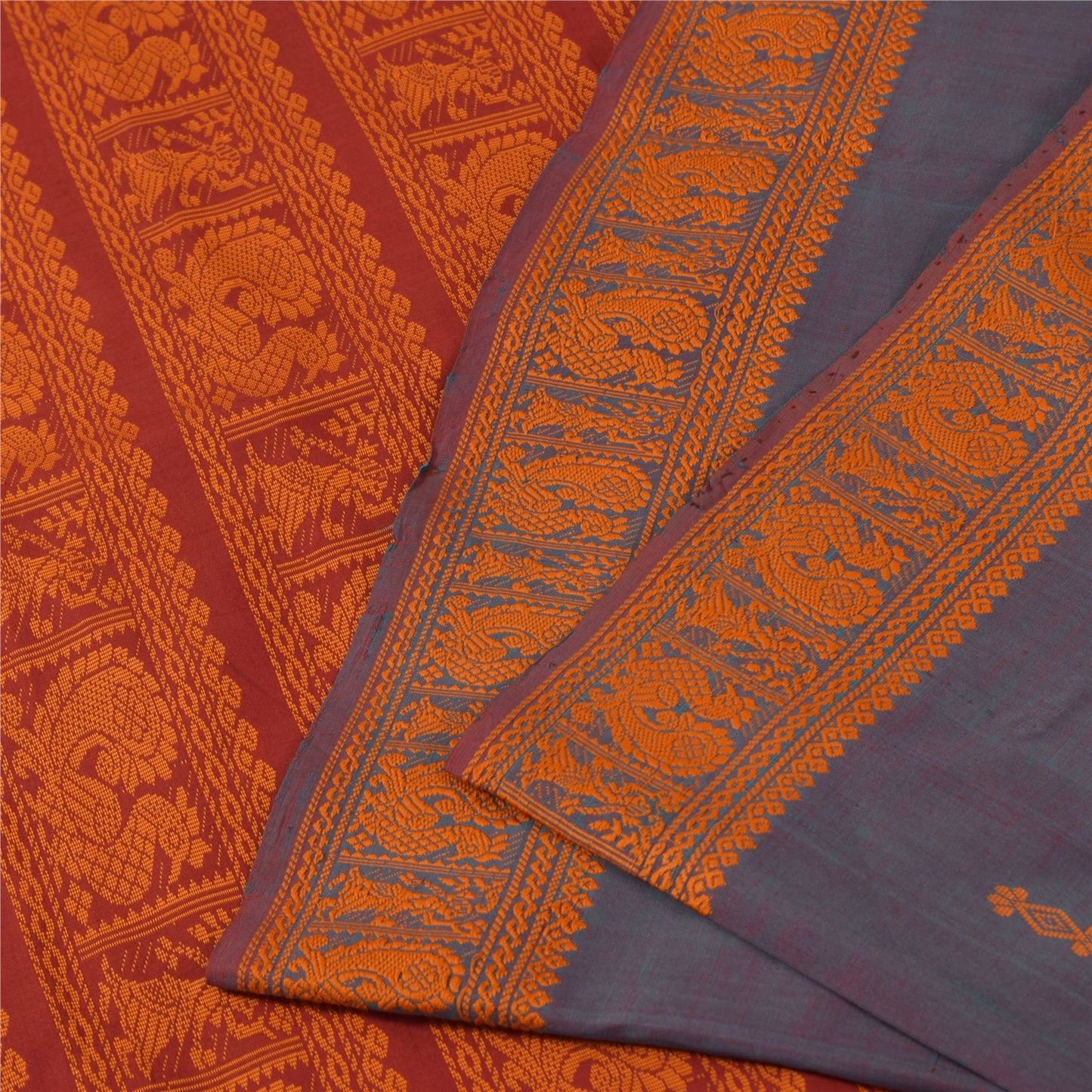 Sanskriti Vintage Sarees Blue Hand Woven Baluchari Blend CottonSari Craft Fabric