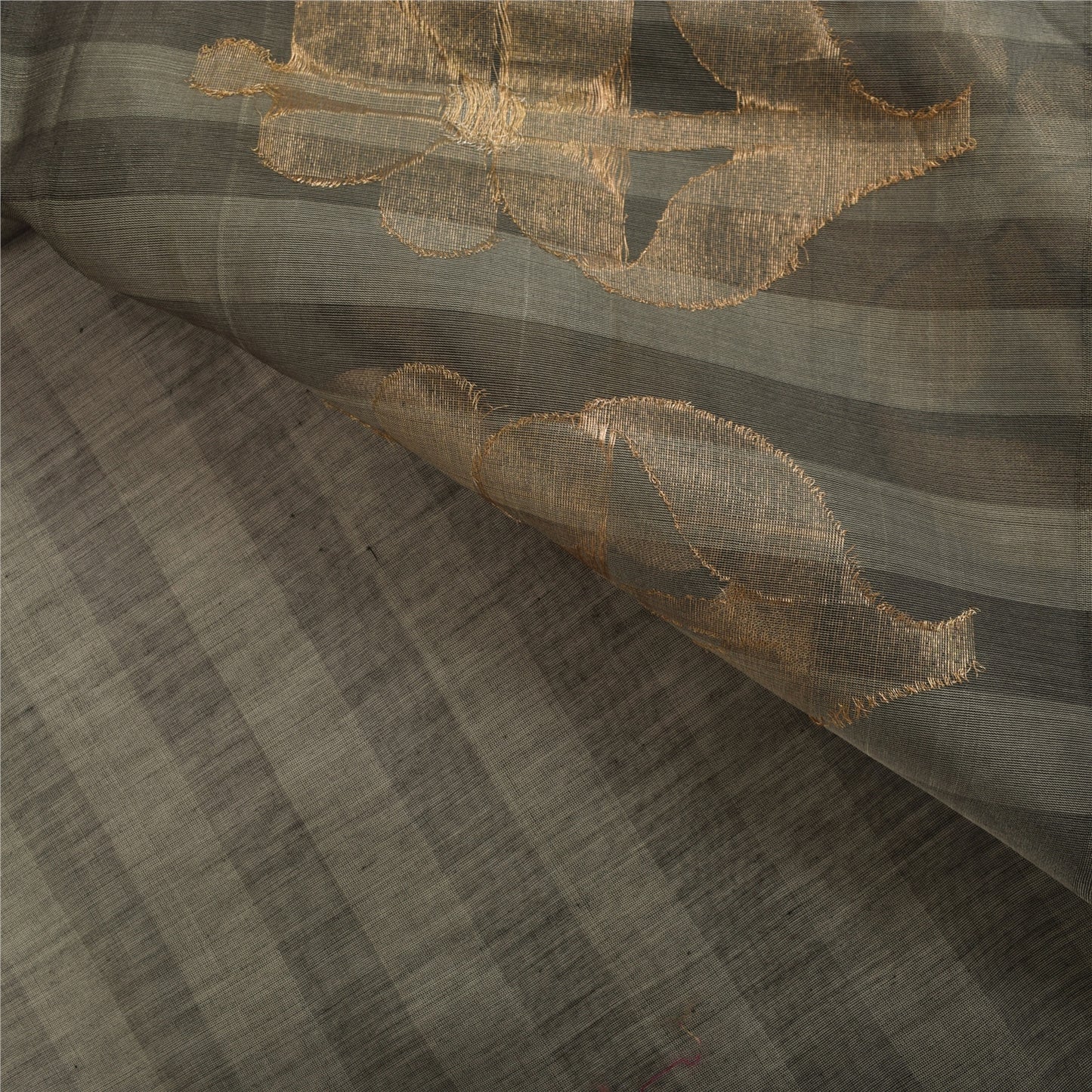 Sanskriti Vintage Sarees Gray & Black Woven Cotton Silk Sari 5+yd Craft Fabric