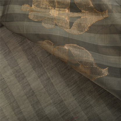 Sanskriti Vintage Sarees Gray & Black Woven Cotton Silk Sari 5+yd Craft Fabric