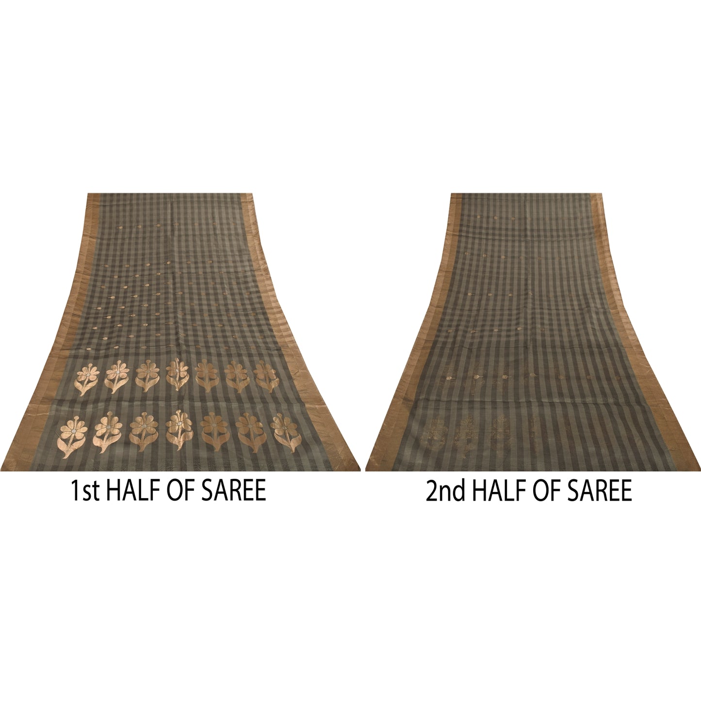 Sanskriti Vintage Sarees Gray & Black Woven Cotton Silk Sari 5+yd Craft Fabric