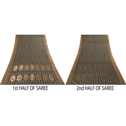 Sanskriti Vintage Sarees Gray & Black Woven Cotton Silk Sari 5+yd Craft Fabric