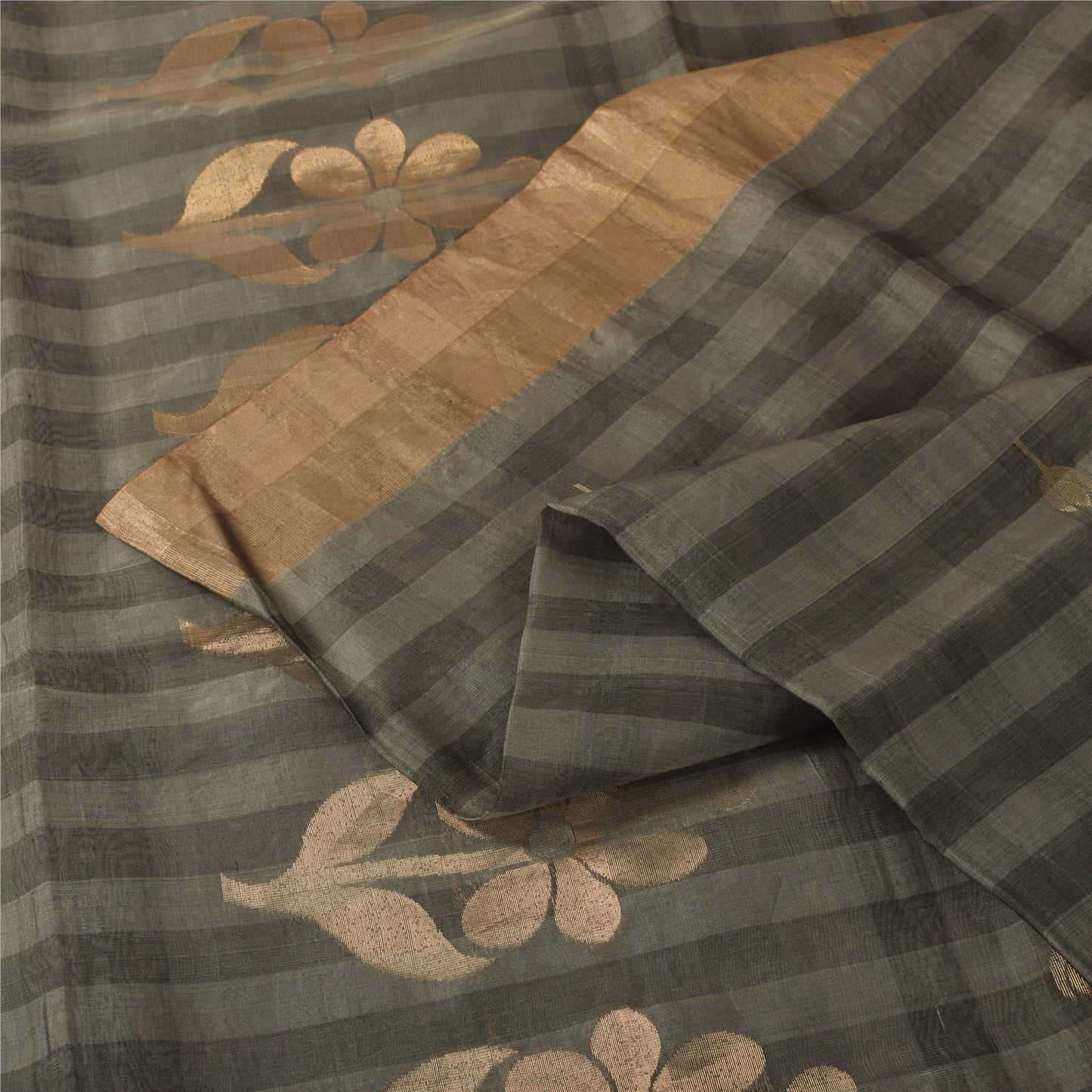 Sanskriti Vintage Sarees Gray & Black Woven Cotton Silk Sari 5+yd Craft Fabric
