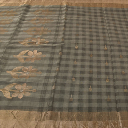 Sanskriti Vintage Sarees Gray & Black Woven Cotton Silk Sari 5+yd Craft Fabric