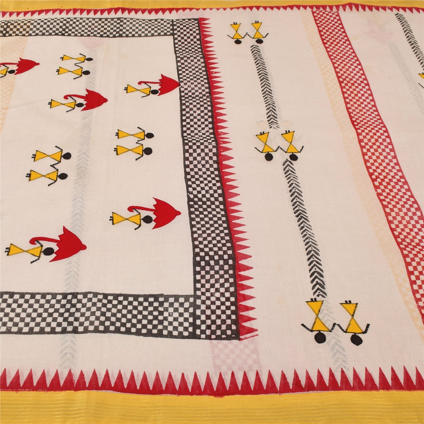 Sanskriti Vintage Ivory Sarees Blend Cotton Embroidered Warli Art Craft Fabric