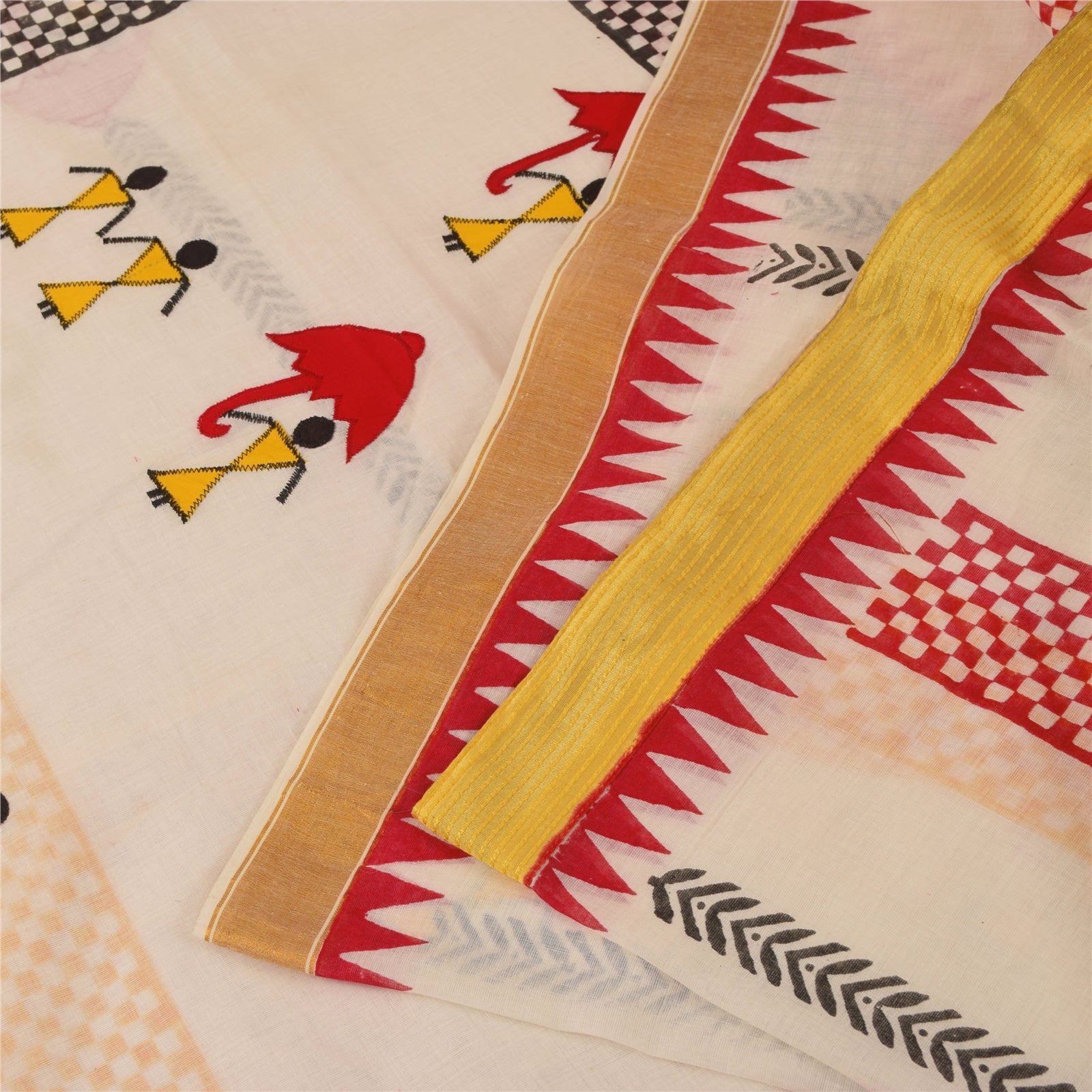 Sanskriti Vintage Ivory Sarees Blend Cotton Embroidered Warli Art Craft Fabric