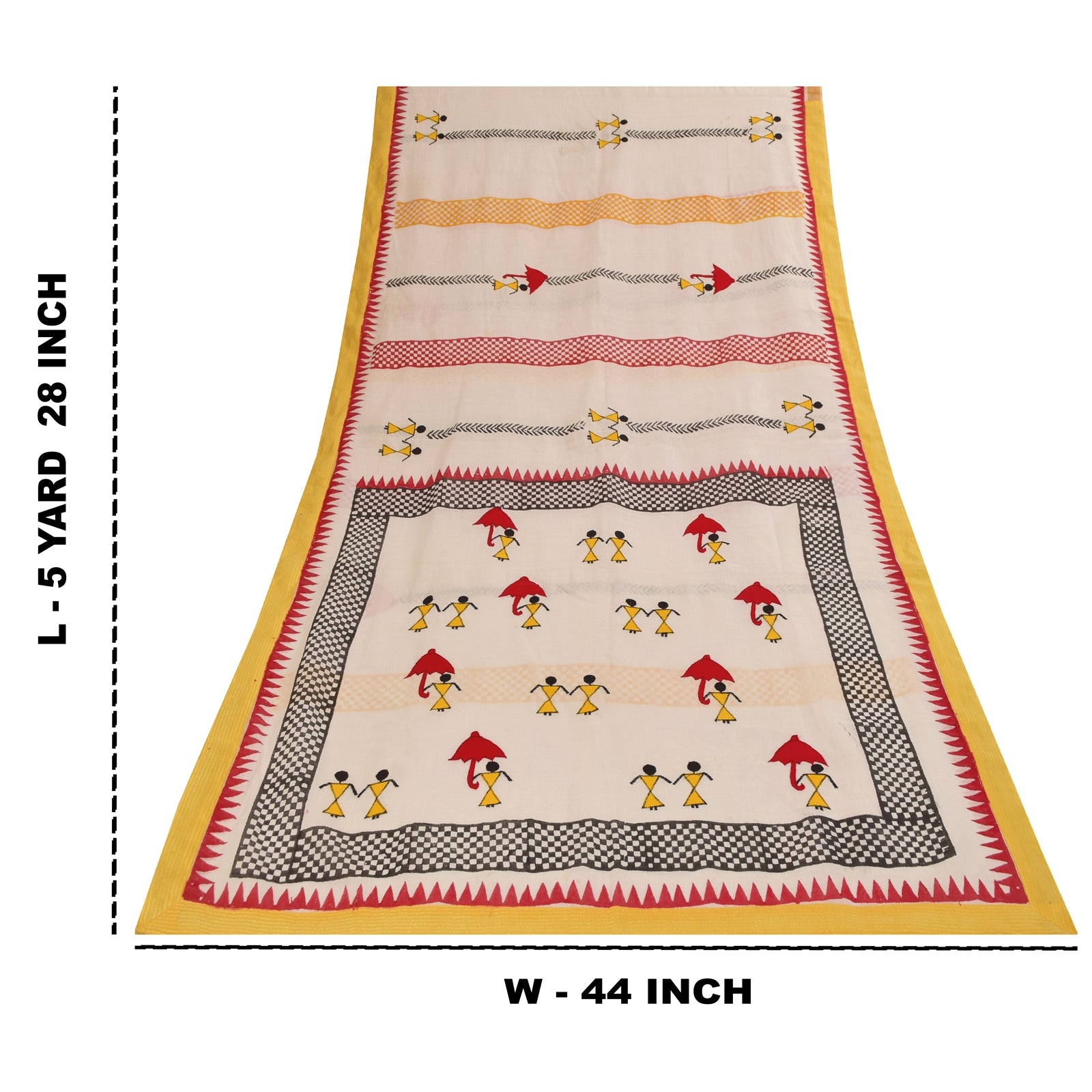 Sanskriti Vintage Ivory Sarees Blend Cotton Embroidered Warli Art Craft Fabric