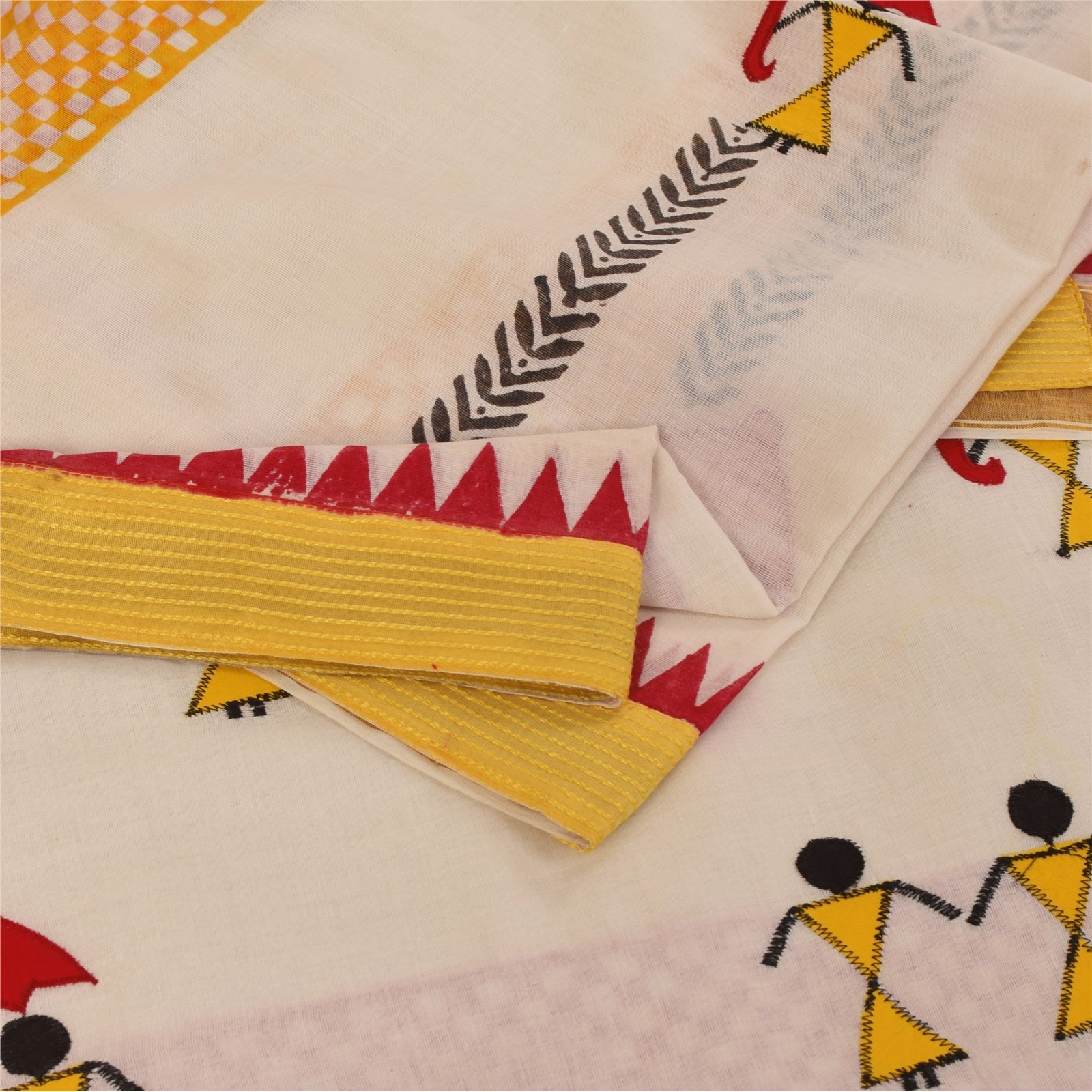 Sanskriti Vintage Ivory Sarees Blend Cotton Embroidered Warli Art Craft Fabric