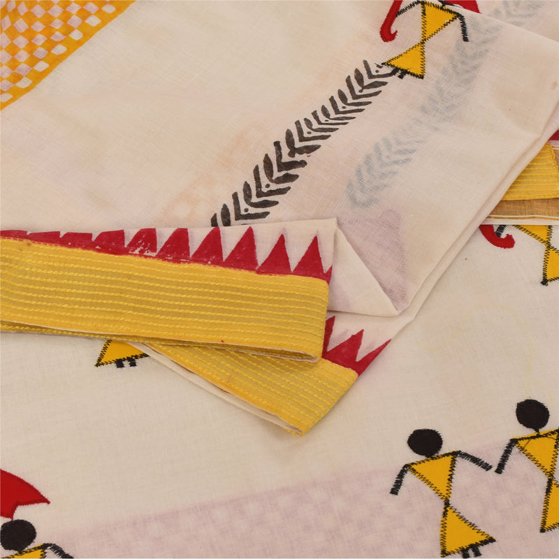Sanskriti Vintage Ivory Sarees Blend Cotton Embroidered Warli Art Craft Fabric