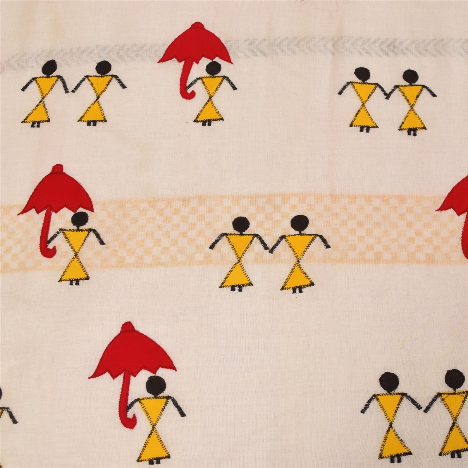 Sanskriti Vintage Ivory Sarees Blend Cotton Embroidered Warli Art Craft Fabric