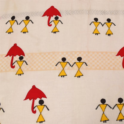 Sanskriti Vintage Ivory Sarees Blend Cotton Embroidered Warli Art Craft Fabric