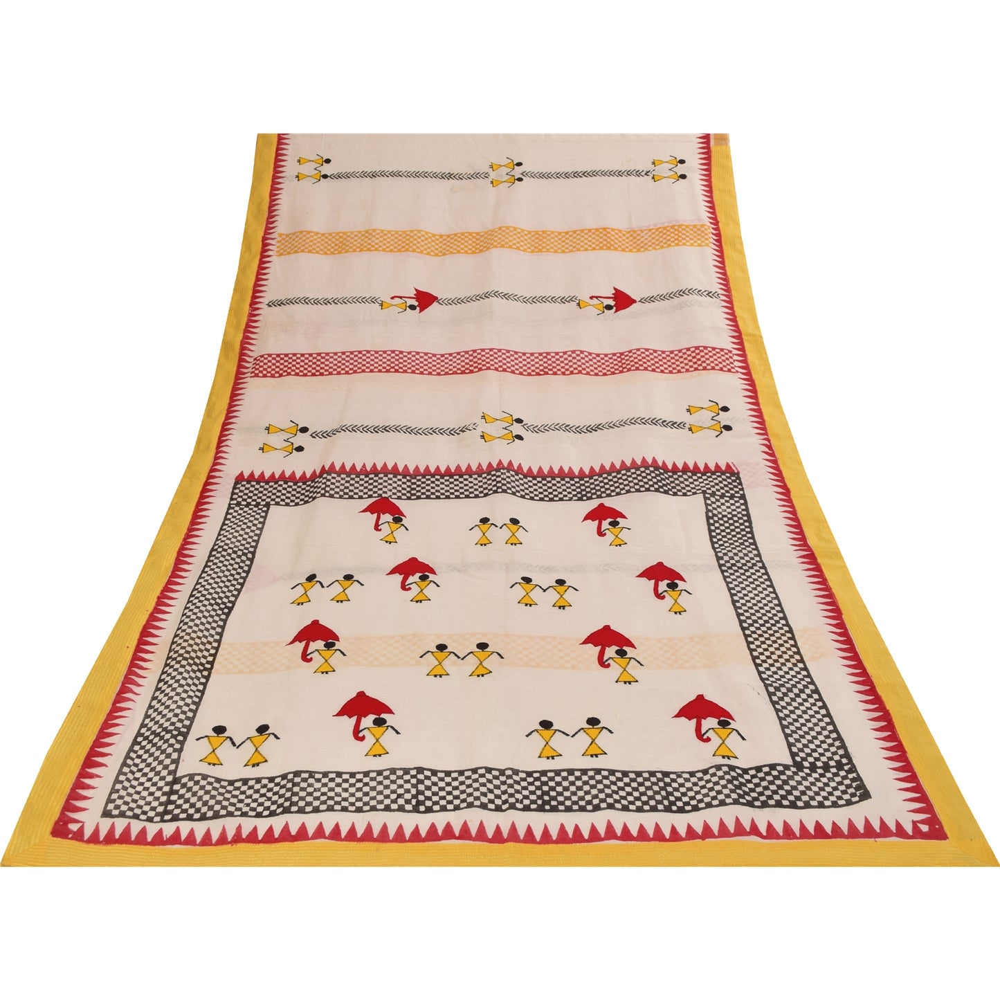 Sanskriti Vintage Ivory Sarees Blend Cotton Embroidered Warli Art Craft Fabric