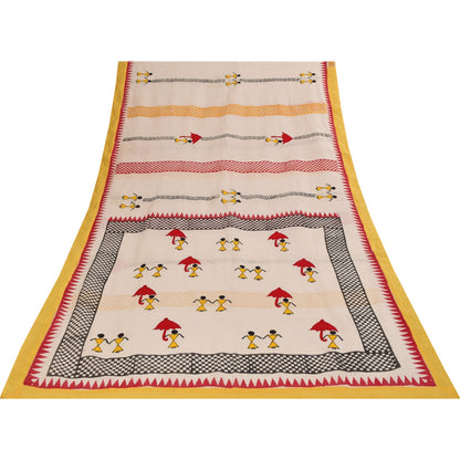 Sanskriti Vintage Ivory Sarees Blend Cotton Embroidered Warli Art Craft Fabric