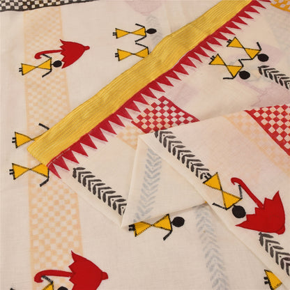 Sanskriti Vintage Ivory Sarees Blend Cotton Embroidered Warli Art Craft Fabric
