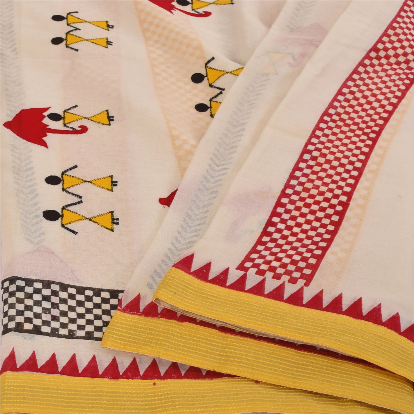 Sanskriti Vintage Ivory Sarees Blend Cotton Embroidered Warli Art Craft Fabric