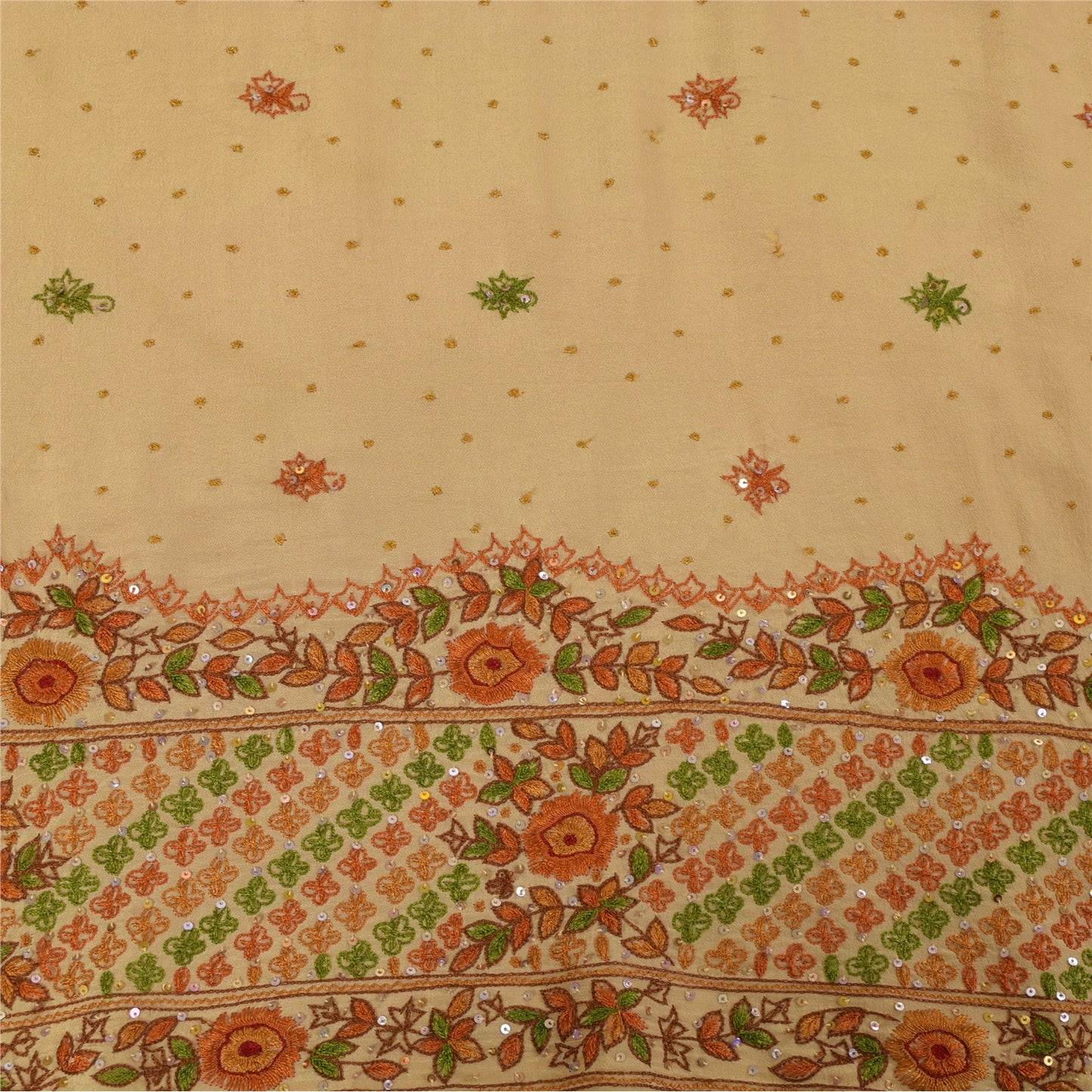 Sanskriti Vintage Sarees Peach Hand Beaded Pure CrepeSilk Sari 5+yd Craft Fabric