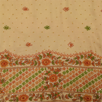 Sanskriti Vintage Sarees Peach Hand Beaded Pure CrepeSilk Sari 5+yd Craft Fabric
