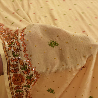 Sanskriti Vintage Sarees Peach Hand Beaded Pure CrepeSilk Sari 5+yd Craft Fabric