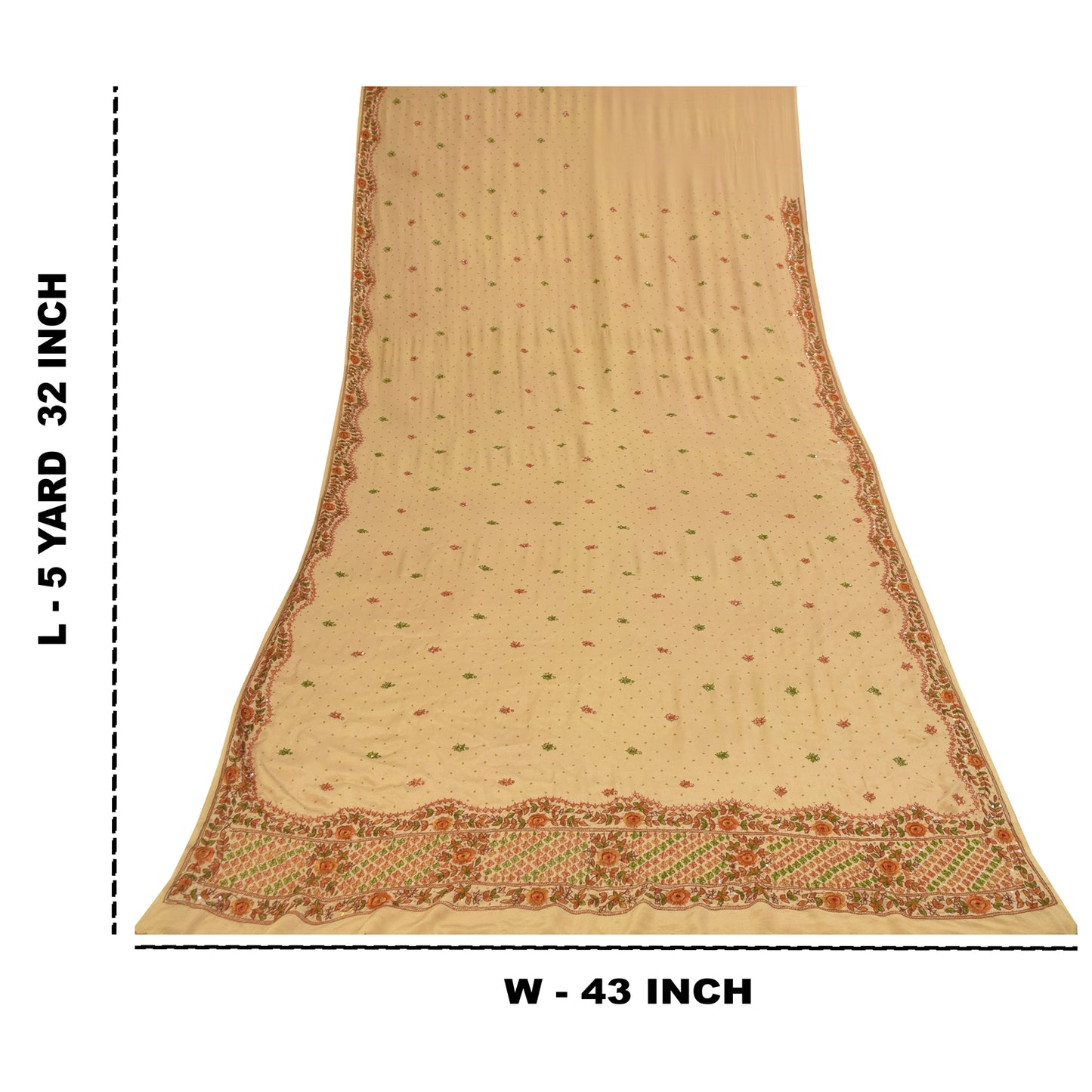 Sanskriti Vintage Sarees Peach Hand Beaded Pure CrepeSilk Sari 5+yd Craft Fabric