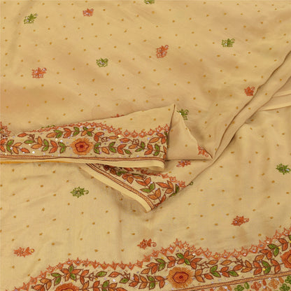 Sanskriti Vintage Sarees Peach Hand Beaded Pure CrepeSilk Sari 5+yd Craft Fabric