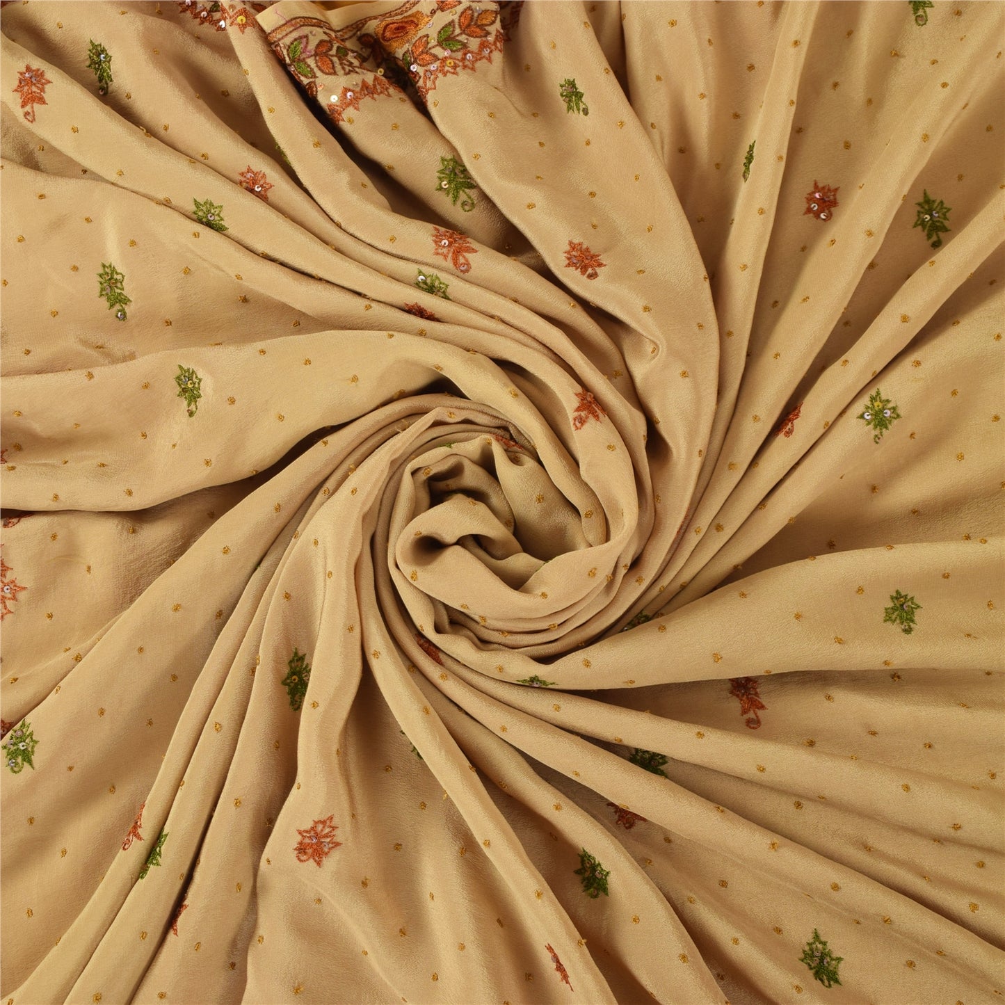 Sanskriti Vintage Sarees Peach Hand Beaded Pure CrepeSilk Sari 5+yd Craft Fabric