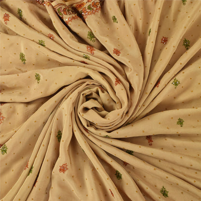 Sanskriti Vintage Sarees Peach Hand Beaded Pure CrepeSilk Sari 5+yd Craft Fabric