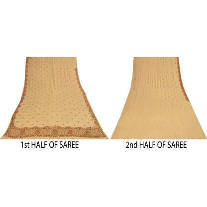 Sanskriti Vintage Sarees Peach Hand Beaded Pure CrepeSilk Sari 5+yd Craft Fabric