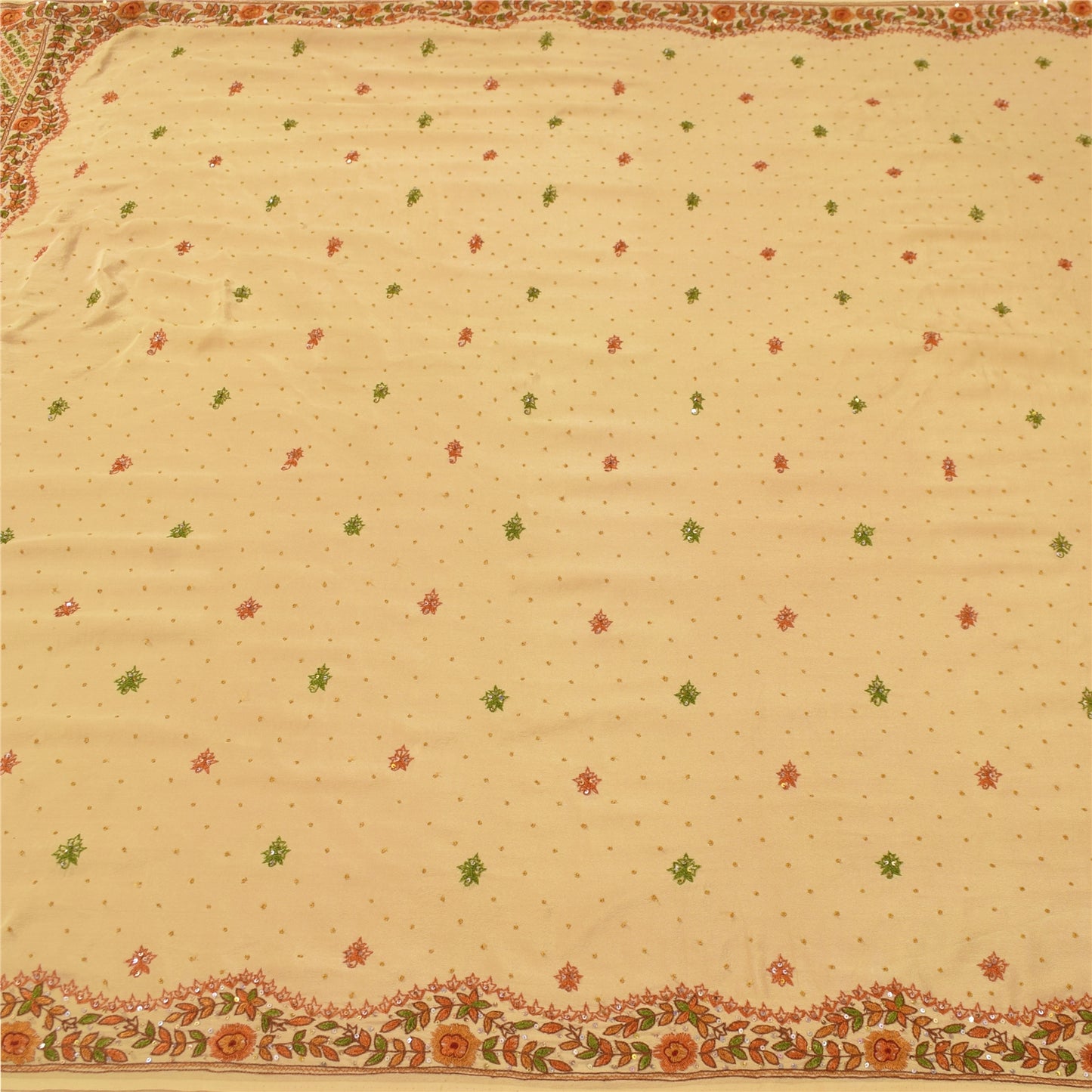 Sanskriti Vintage Sarees Peach Hand Beaded Pure CrepeSilk Sari 5+yd Craft Fabric