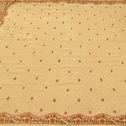 Sanskriti Vintage Sarees Peach Hand Beaded Pure CrepeSilk Sari 5+yd Craft Fabric