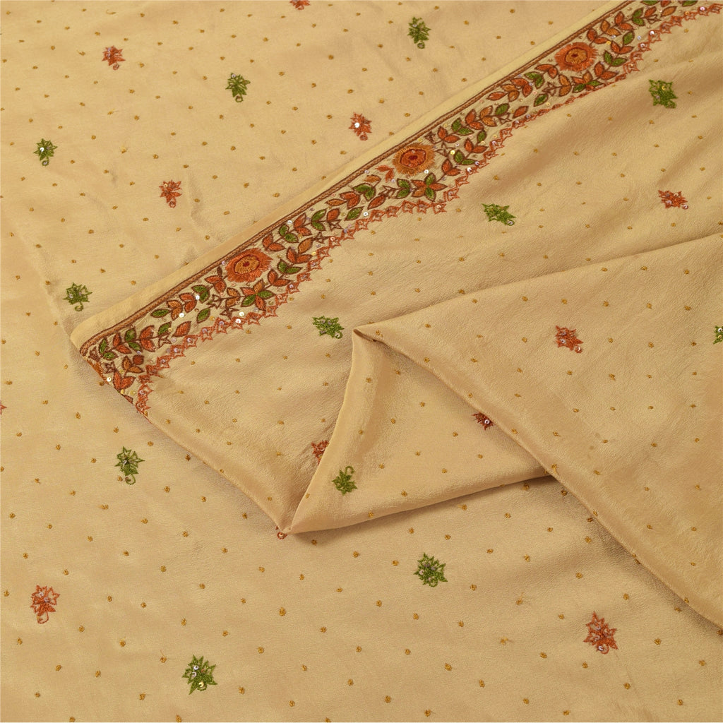 Sanskriti Vintage Sarees Peach Hand Beaded Pure CrepeSilk Sari 5+yd Craft Fabric