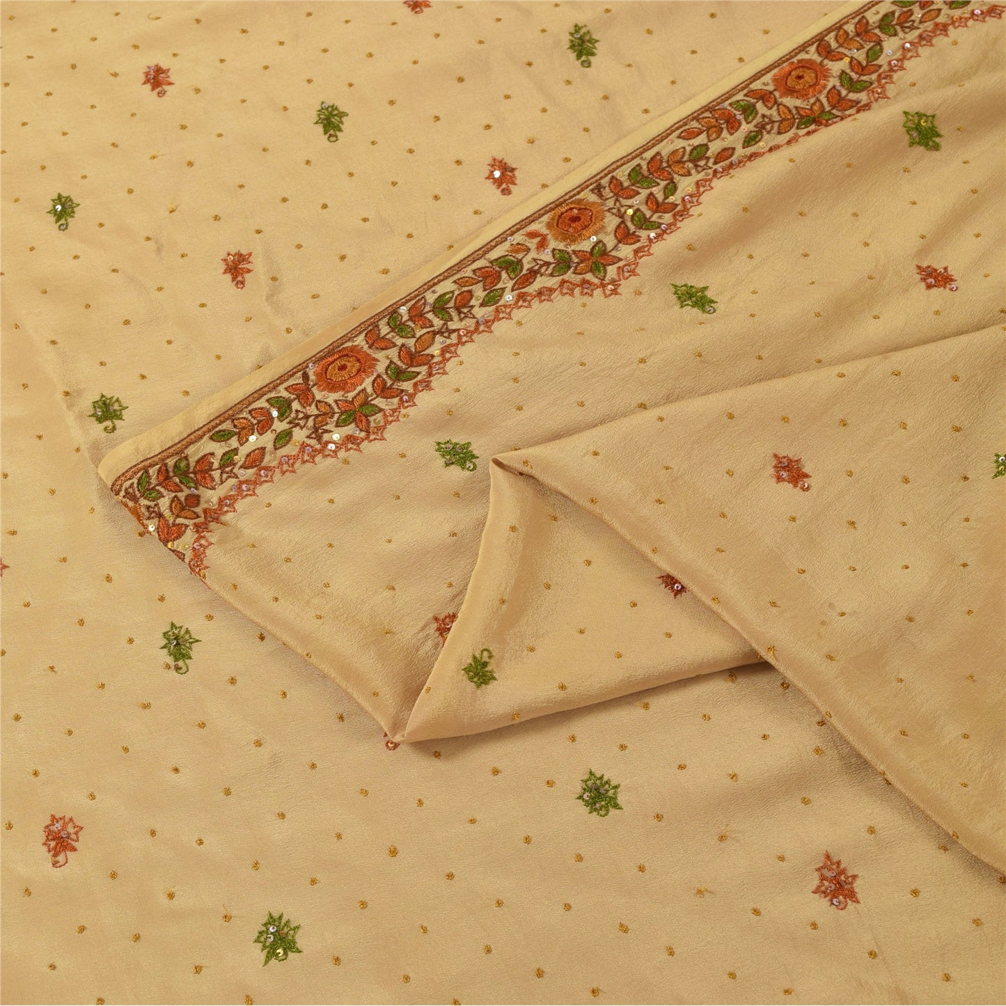 Sanskriti Vintage Sarees Peach Hand Beaded Pure CrepeSilk Sari 5+yd Craft Fabric