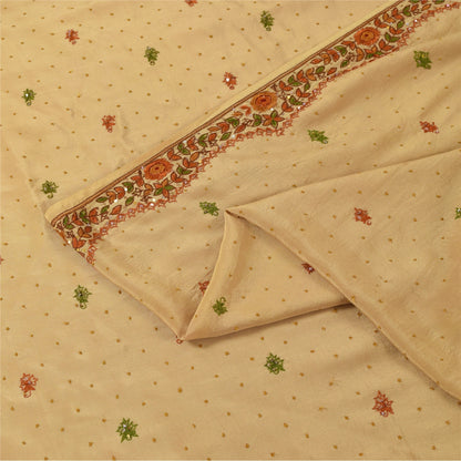 Sanskriti Vintage Sarees Peach Hand Beaded Pure CrepeSilk Sari 5+yd Craft Fabric